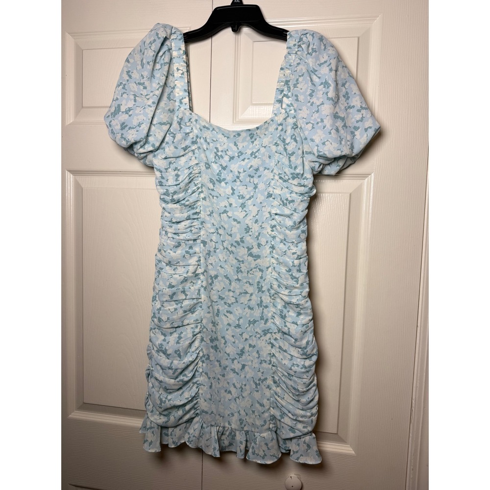 Chelsea28 Blue White Floral Ruched Puff Sleeve Mini Dress Size S